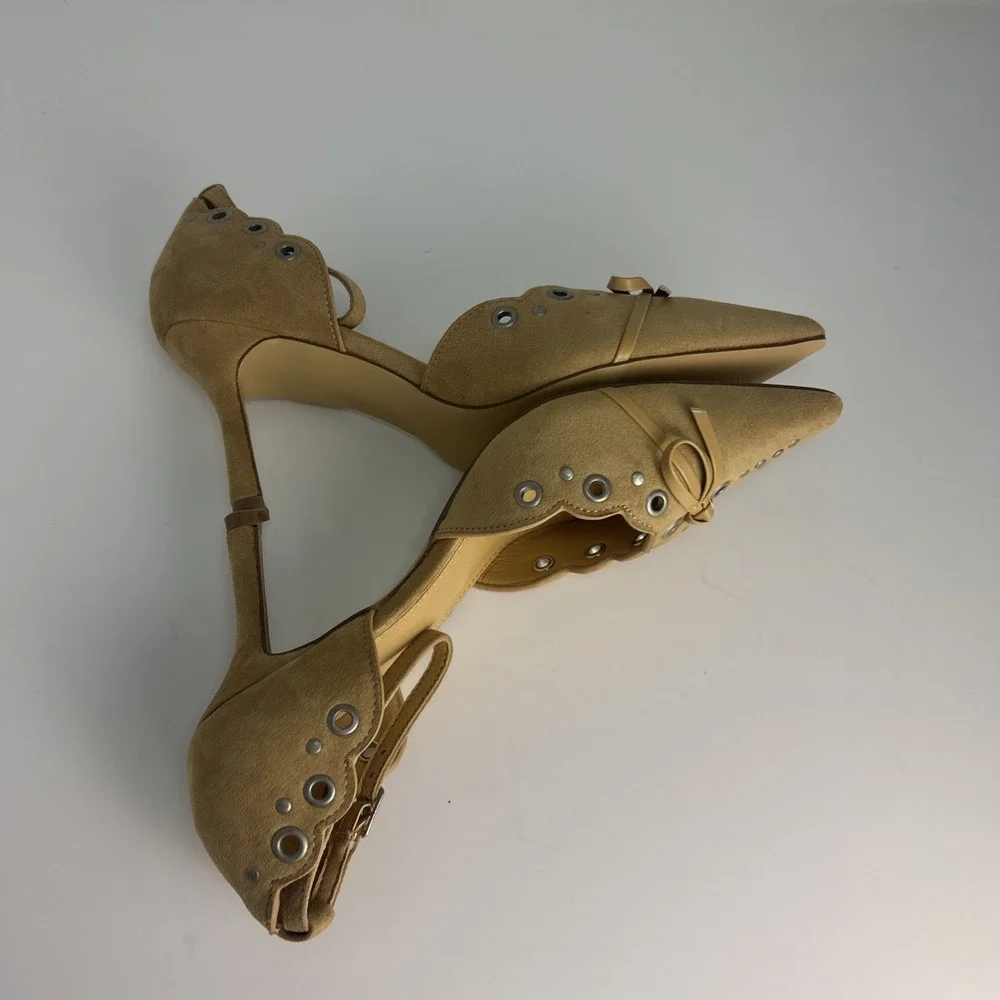 Coutgo Nude Suede Eyelet Bow Stiletto Heels Pointed Toe‎ Ankle Strap Size 8 NWB